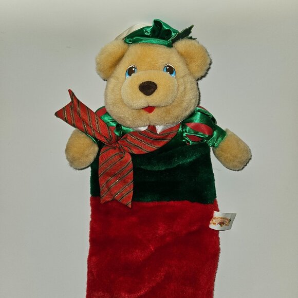 VTG 1993 Christmas Stocking Plush Brown Teddy Bear Red Green Merry Gifts Kmart - Picture 2 of 10